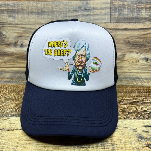 Where's The Beef Mens Trucker Hat Navy Snapback 1984 Wendy's Advertisement Cap - Picture 2 of 8